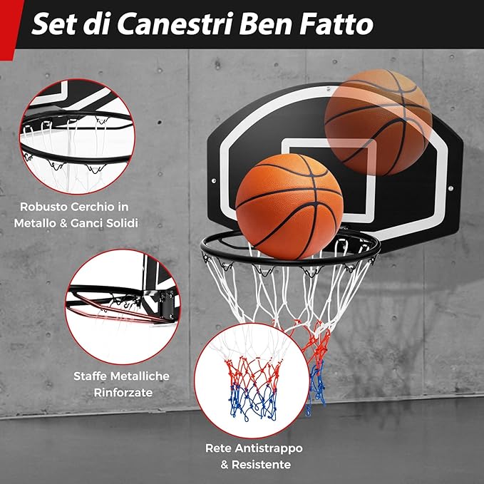 Tabellone Basket da Muro per Bambini e Adulti, Canestro da Basket a Parete con Tabellone Antiproiettile da 72 x 45,5 cm, Rete Anti-vento e Accessori Completi