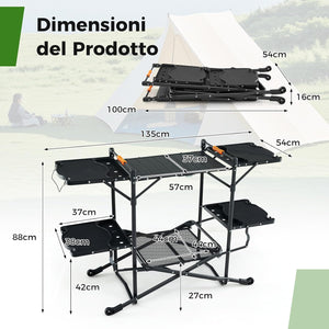 Tavolo da Campeggio Pighevole, Tavolo da Cucina Portatile con 4 Tavoli Laterali, Tavolo da Cucina per Picnic con Mensola Portaoggetti, Borsa