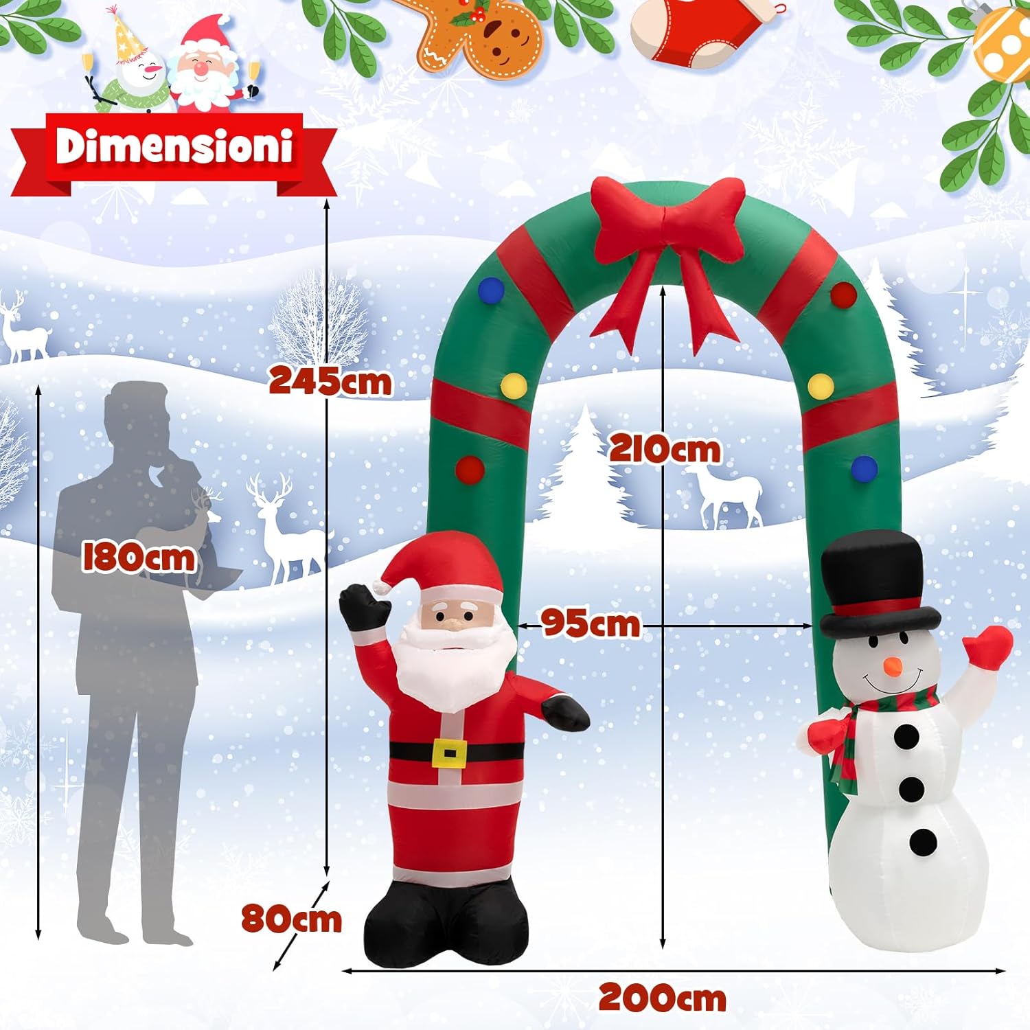 Arco di Natale Gonfiabile 245 cm, Decorazione Gonfiabile da Esterno con Babbo Natale e Pupazzo di Neve, con Luci LED Brillanti e Soffiatore Integrato, Decorazione di Benvenuto per Festa