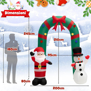 Arco di Natale Gonfiabile 245 cm, Decorazione Gonfiabile da Esterno con Babbo Natale e Pupazzo di Neve, con Luci LED Brillanti e Soffiatore Integrato, Decorazione di Benvenuto per Festa