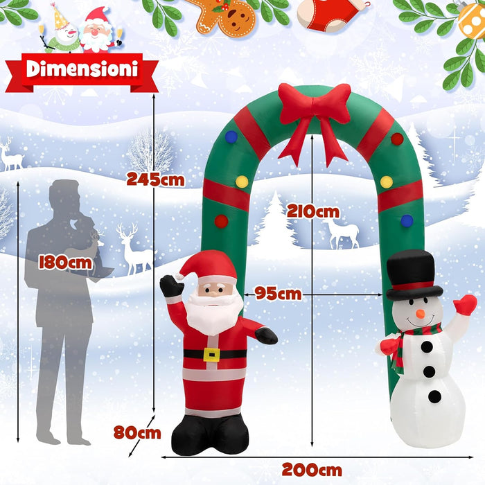 Arco di Natale Gonfiabile 245 cm, Decorazione Gonfiabile da Esterno con Babbo Natale e Pupazzo di Neve, con Luci LED Brillanti e Soffiatore Integrato, Decorazione di Benvenuto per Festa