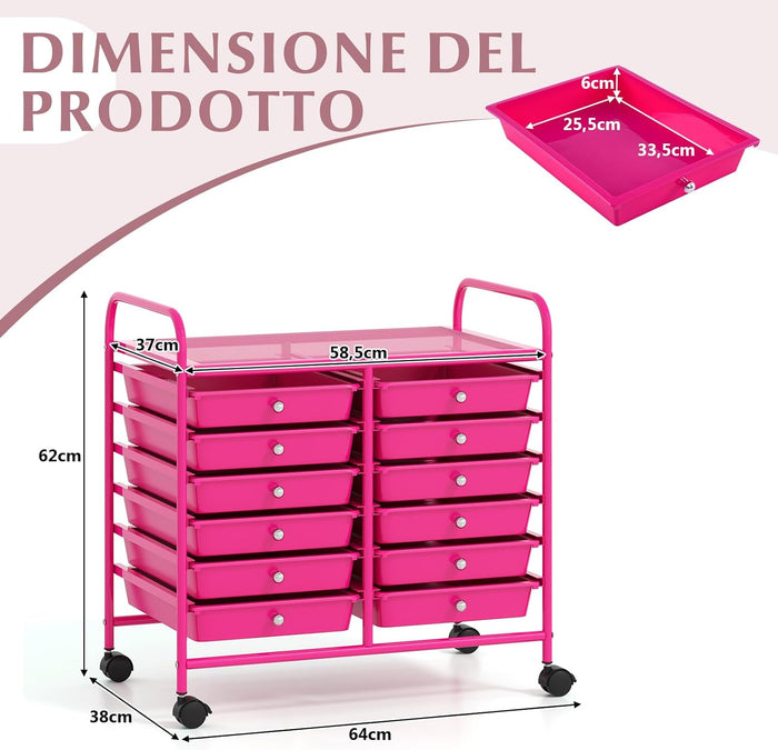 Carrello di Stoccaggio con 12 Cassetti, Carrello portaoggetti con 4 Ruote, Carrello Multiuso per Scuola Ufficio Cucina, 64 x 38 x 62 cm (12 cassetti Rosa)