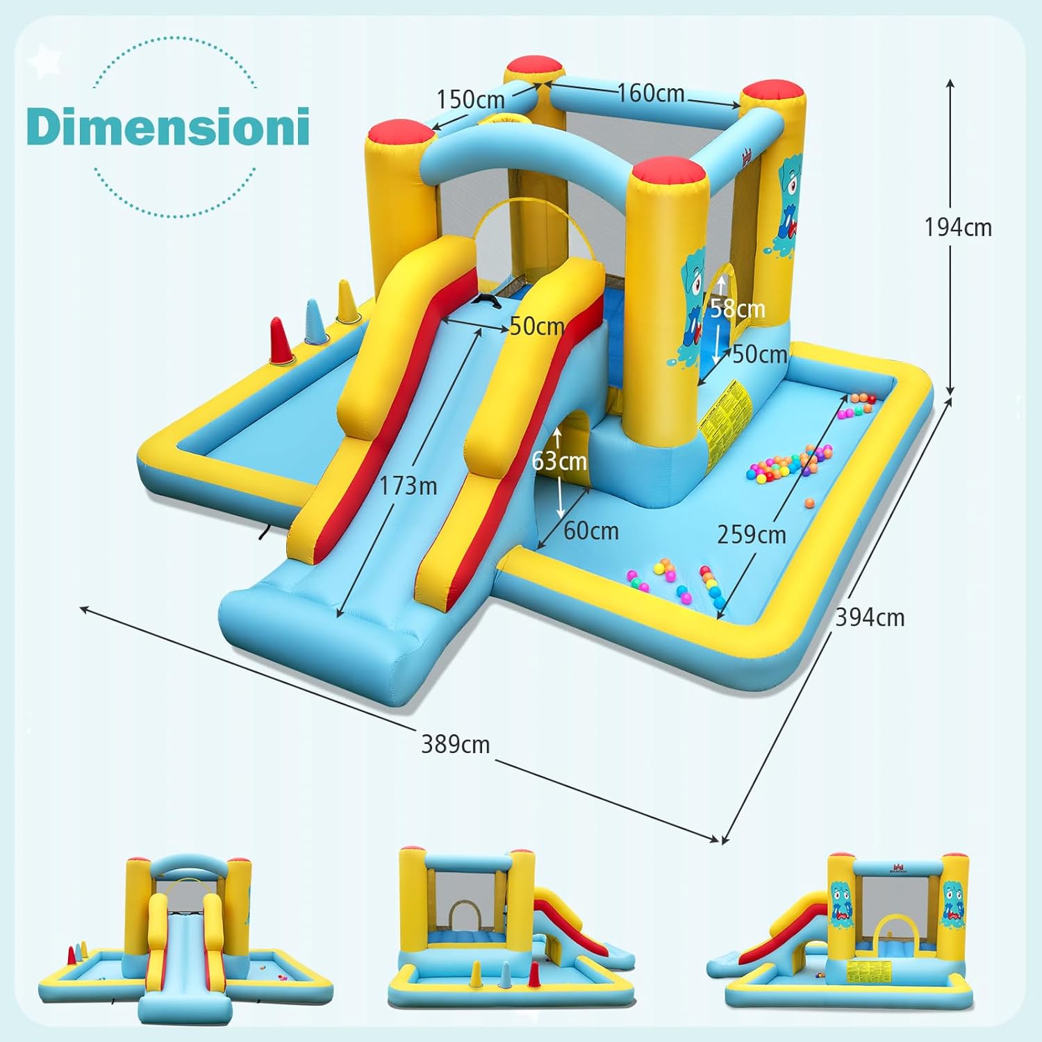 Castello Gonfiabile 7 in 1 per Bambini con Scivolo, Castello Gonfiabile con Mongolfiera, 50 Palline, Anelli e Basket, Gioco Gonfiabile da Interno ed Esterno, per Bambini da 3 a 10 Anni