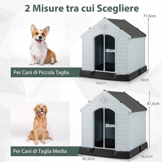 Cuccia per Cani da Esterno ed Interno, Cassetta Impermeabile e Ventilata con Valvole d’Aria e Pavimento Rialzato, per Cani di Piccola e Media Taglia (Grigio, 70 x 65 x 71,5 cm)