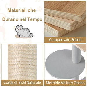 Tiragraffi per Gatto Alto 113 cm con Capsula Spaziale, Albero Tiragraffi Gatti con 4 Pali in Sisal, Piattaforme, Trespolo e Pompon, Torre Gatto in Legno Solido, Naturale e Grigio