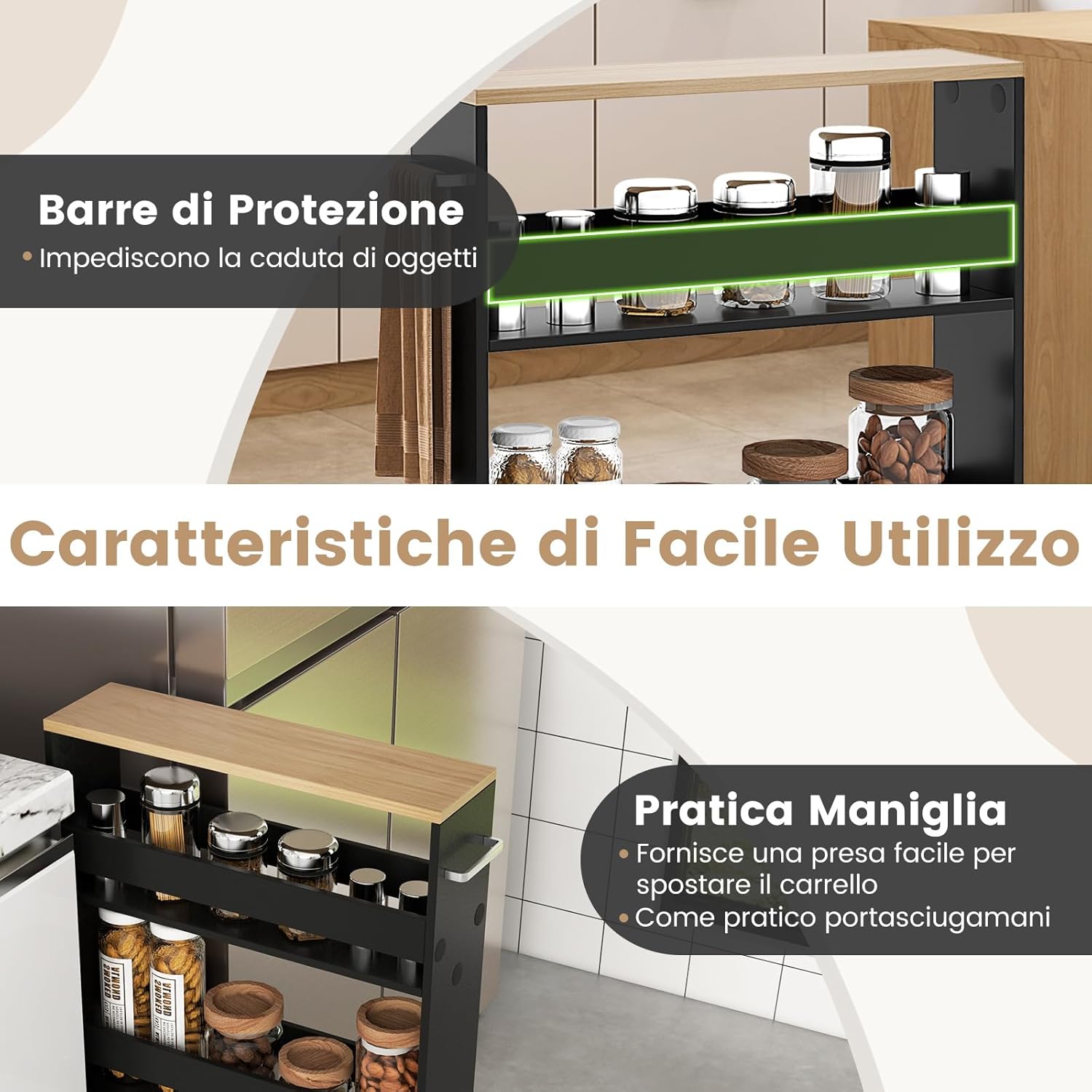 Carrello Portaoggetti da Cucina, Scaffale con Maniglia Laterale e Ruote, Carrello Salvaspazio con 3 Scaffali Stretti, 47,5x13x80,5 cm (Naturale+Nero)