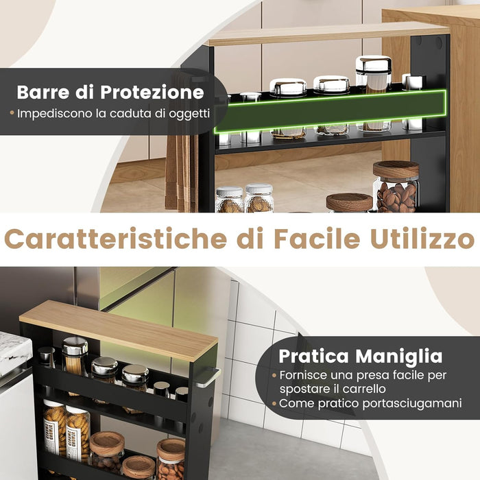 Carrello Portaoggetti da Cucina, Scaffale con Maniglia Laterale e Ruote, Carrello Salvaspazio con 3 Scaffali Stretti, 47,5x13x80,5 cm (Naturale+Nero)