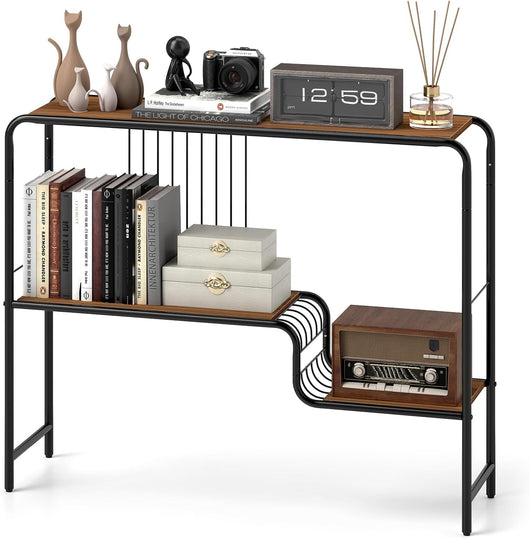 Tavolo Consolle, Tavolo d’Ingresso a 2 Ripiani con Struttura in Metallo, Tavolo Lungo e Stretto per Soggiorno, Ingresso, Corridoio e Ufficio, 99 x 27 x 79 cm