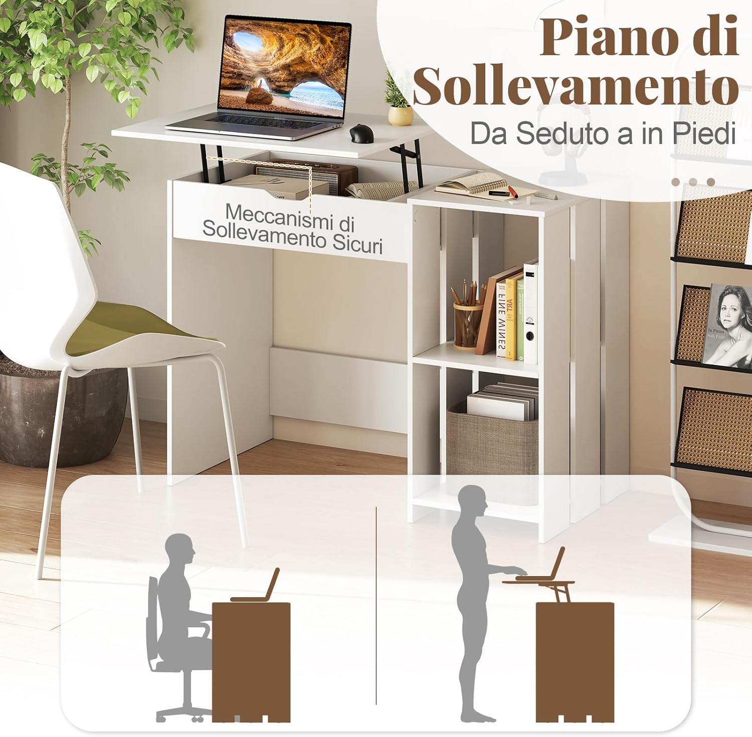 Scrivania per Computer con Piano Sollevabile, Scrivania PC con Scomparto Segreto Salvaspazio e 2 Ripiani, Scrivania Moderna per Ufficio, Studio e Camera da Letto, 100 x 49 x 75 cm, Bianco