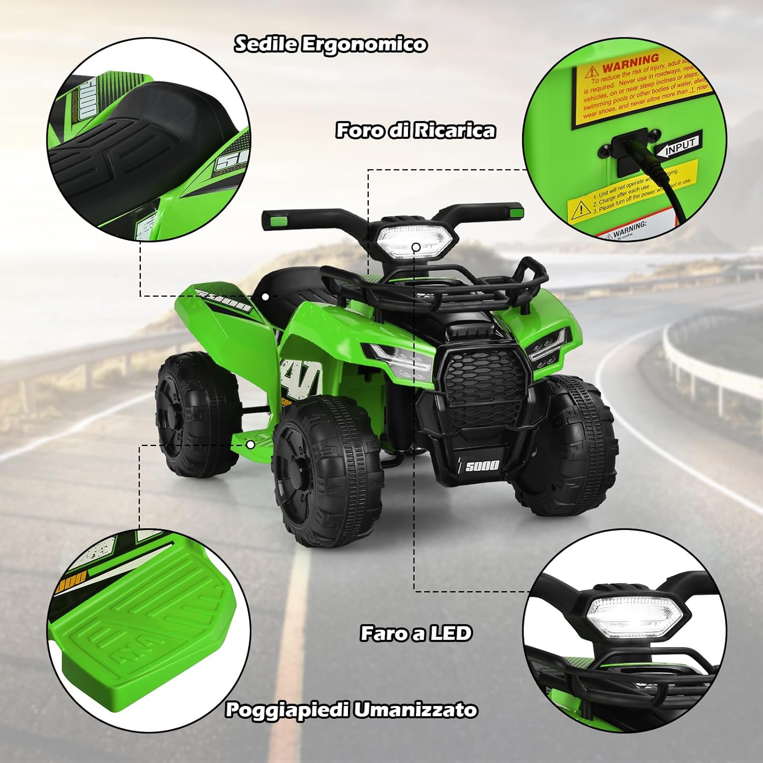 Quad Elettrico per Bambini, Auto Elettrica Cavalcabile con luce LED Musica e Box Anteriore, Mini Quad Regalo per Bambini 18-36 Mesi (Verde)