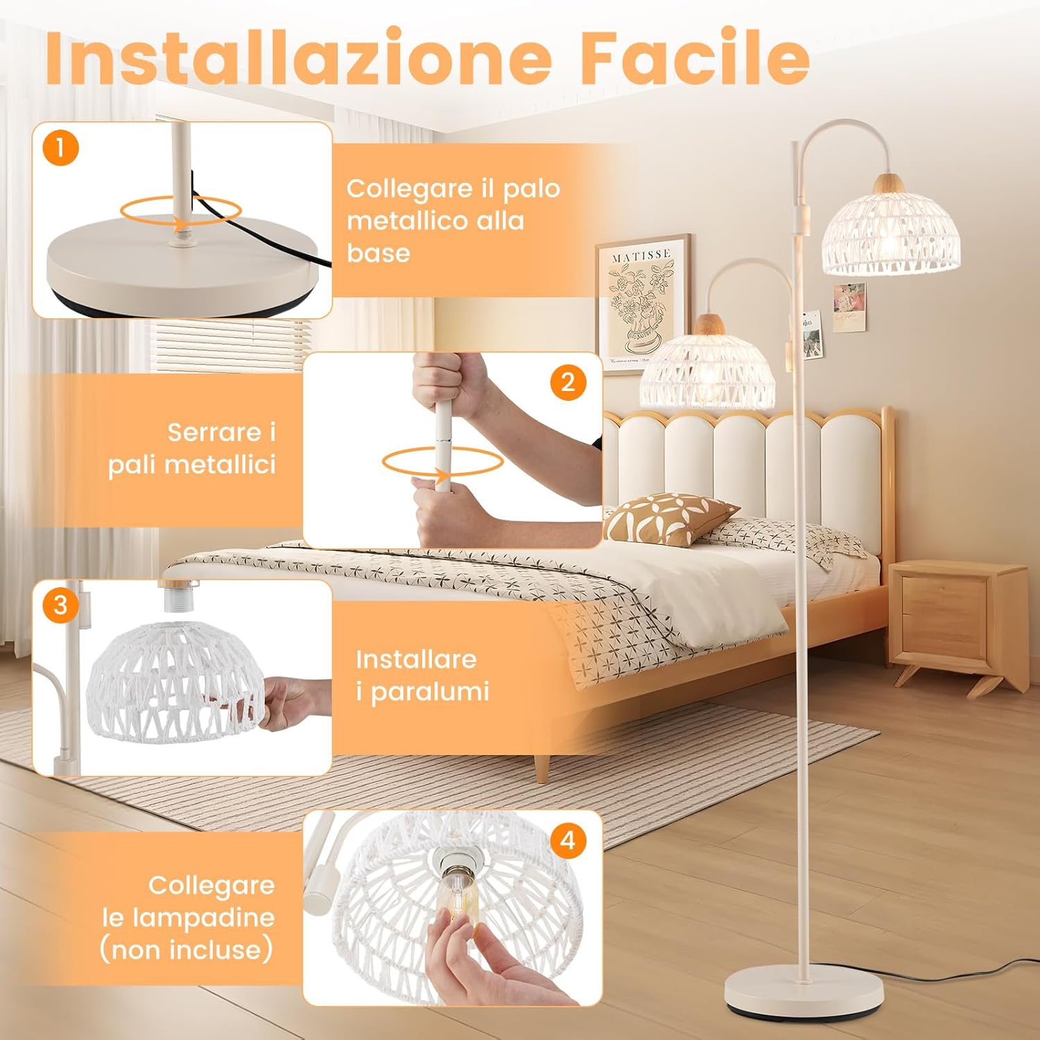 Lampada da Terra, Lampada Piantana da Terra Rotante a 350° con Interruttore a Pedale, Paralumi Intrecciati e 2 Supporti per Bulbi E27, Base Pesante e Stelo Metallico