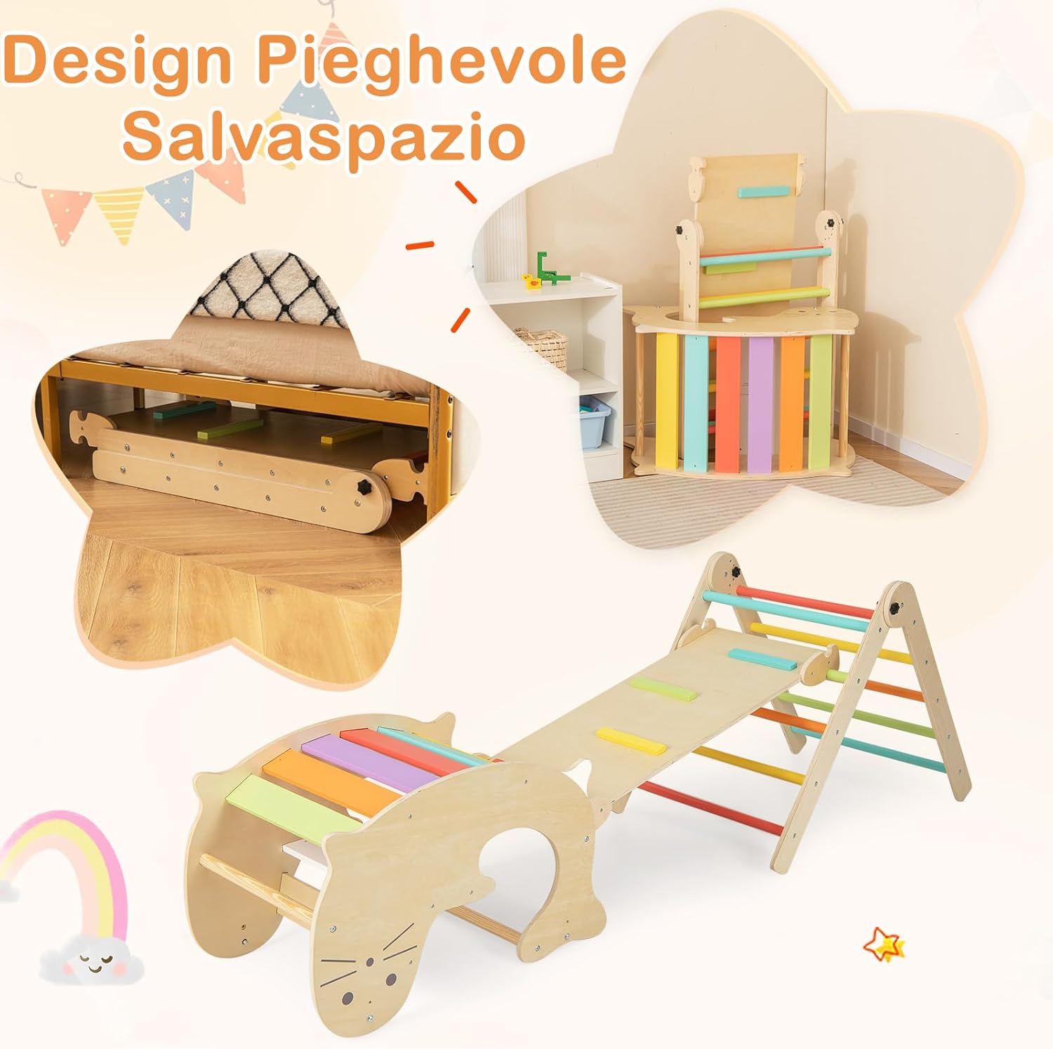 7 in 1 Set di Arrampicate per Bambini, Arrampicatore Pieghevole in Legno con Scivolo Reversibile, Dondolo e Arrampicata, Tavolo e Tunnel, per Bambini 3-14 Anni (Colorato)