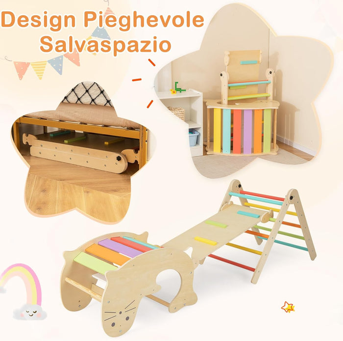 7 in 1 Set di Arrampicate per Bambini, Arrampicatore Pieghevole in Legno con Scivolo Reversibile, Dondolo e Arrampicata, Tavolo e Tunnel, per Bambini 3-14 Anni (Colorato)
