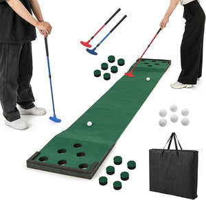 Tappetino da Golf, Putting Green con 2 Mazze Regolabili, 6 Palline e 12 Copri Buco, Tappetino da Allenamento per Giardino, Feste, Soggiorno e Ufficio, 332 cm x 50 cm