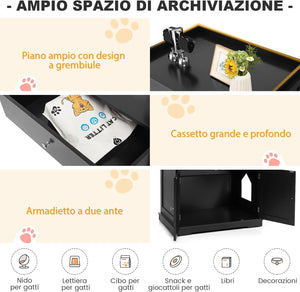 Mobile per Lettiera Gatti in Legno, con Portaoggetti, 2 Ante, Cassetto e Ingresso Laterale, Mobiletto Multiuso per Ingresso e Soggiorno, 76 x 53 x 74 cm, Carico Massimo 30 kg (nero)