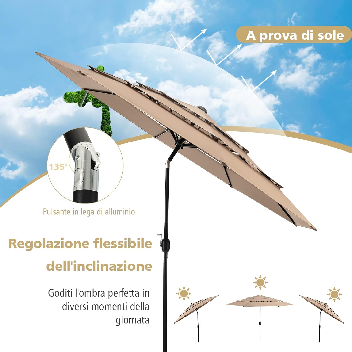 Ombrellone da Giardino 293 cm a 3 Livelli, Ombrellone da Esterno con Doppia Ventilazione, Inclinazione Regolabile, con Manovella 8 Stecche, Ombrellone da Spiaggia Giardino Piscina (Caffè)