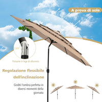 Ombrellone da Giardino 293 cm a 3 Livelli, Ombrellone da Esterno con Doppia Ventilazione, Inclinazione Regolabile, con Manovella 8 Stecche, Ombrellone da Spiaggia Giardino Piscina (Caffè)