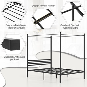 Struttura Letto in Metallo 200x140 cm, Telaio da Letto Matrimoniale con Testiera e 4 Poste, Sostegno Robusto in Metallo, Carico Massimo 300kg