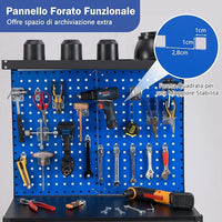 Banco da Lavoro con Piano da 80 x 40 cm, Banco da Lavoro Officina con Pannello Forato e 20 Ganci Porta Attrezzi, Tavolo da Lavoro per Garage con Cassetto e 2 Mensole (Blu)