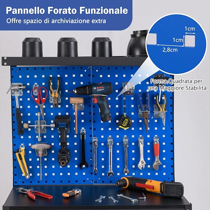 Banco da Lavoro con Piano da 80 x 40 cm, Banco da Lavoro Officina con Pannello Forato e 20 Ganci Porta Attrezzi, Tavolo da Lavoro per Garage con Cassetto e 2 Mensole (Blu)