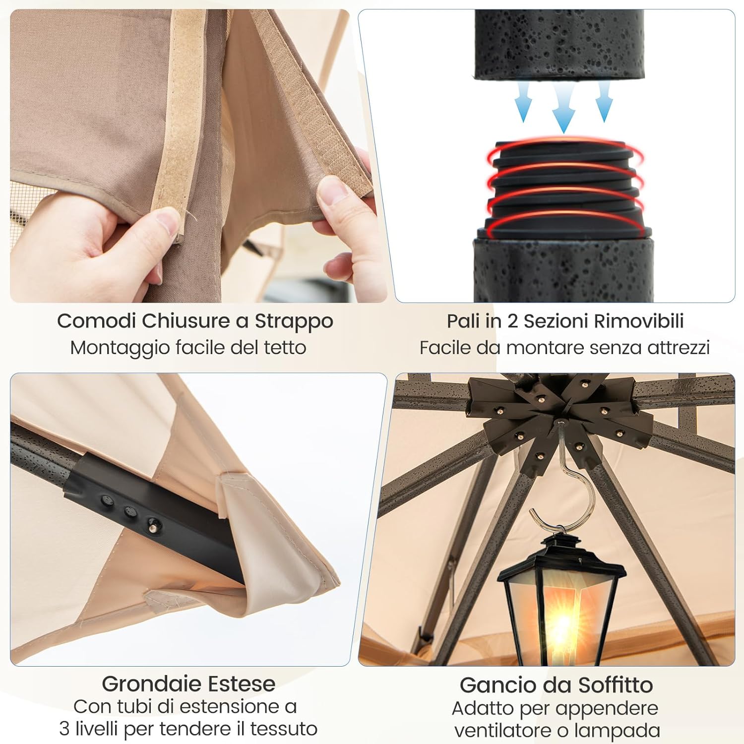 Gazebo da Giardino 3 x 3,6 m, Gazebo con Zanzariera a Doppia Copertura con Sacchetti di Sabbia e Picchetti a Terra, Tenda Impermeabile con Struttura in Metallo per Prato (Kaki)