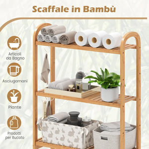 Scaffale Bagno Salvaspazio 71,5 x 25 x 166 cm, Mobile Sopra Lavatrice in Bambù a 3 Livelli con Ripiani a 5 Posizioni, 3 Ganci e Barra Inferiore, Porta Piante da Interno e Esterno