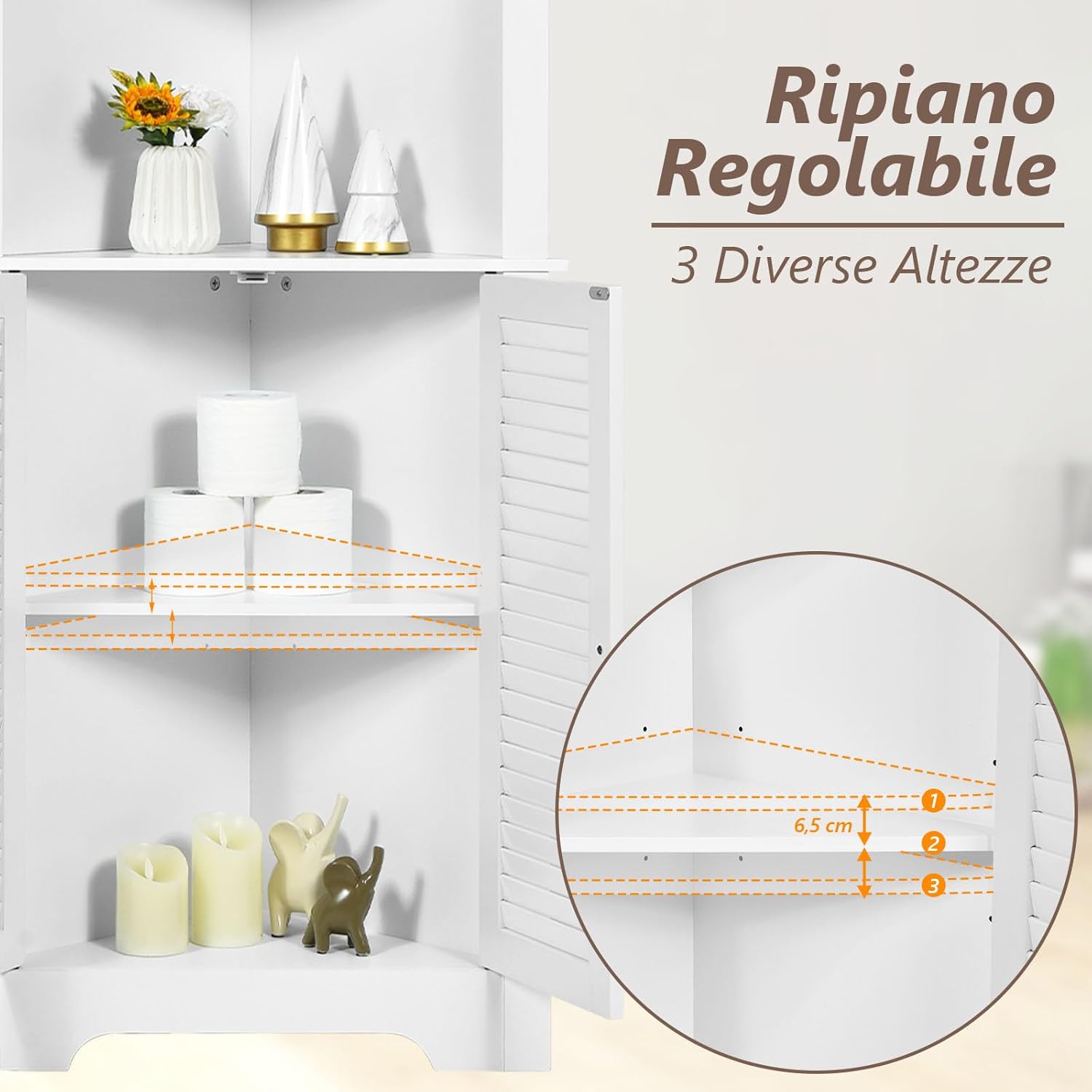 Armadio Angolare 60 x 44,5 x 173 cm, Mobile Angolare con 3 Ripiani Aperti e 2 Ante, Mobiletto Bagno Salvaspazio per Ingresso, Cucina e Salotto