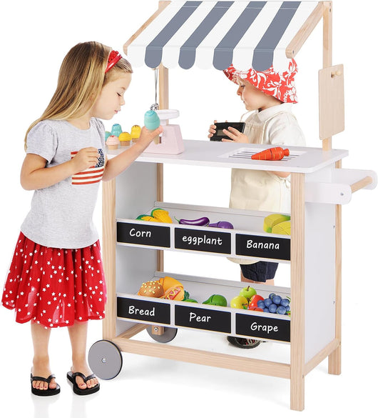 Carretto dei Gelati in Legno per Bambini, con 6 Gelati Giocattolo, Bilancia a Forma di A, Campanello Funzionante, Gelateria per Bambini + 3 Anni, 79 x 29 x 100 cm (Bianco)