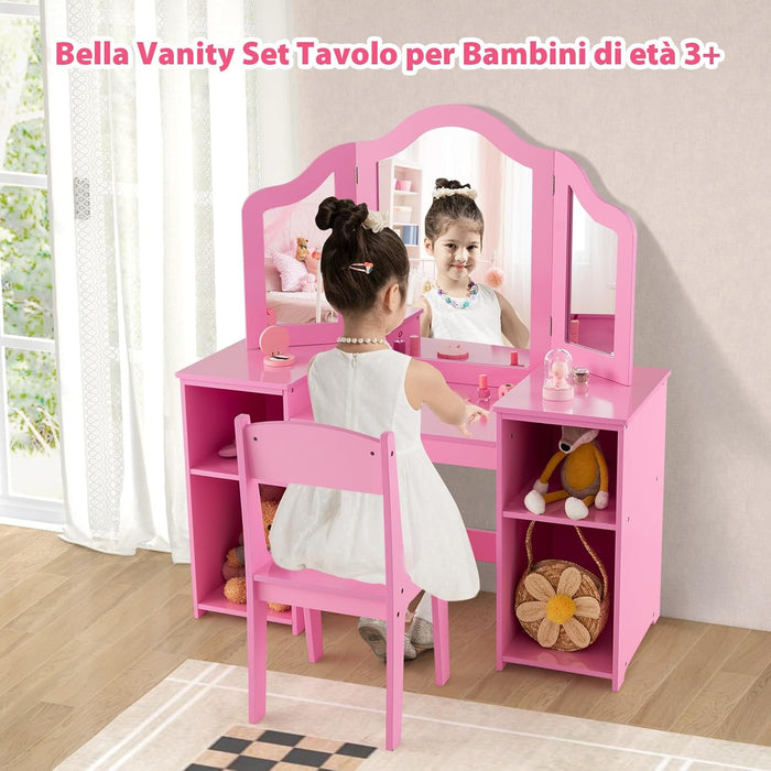 Set Toeletta per Bambini 2 in 1, Set Postazione Trucco in Legno con Sedia, Specchio a 3 Ante Rimovibile e 4 Scomparti, per Bambini 3+ Anni (Rosa)