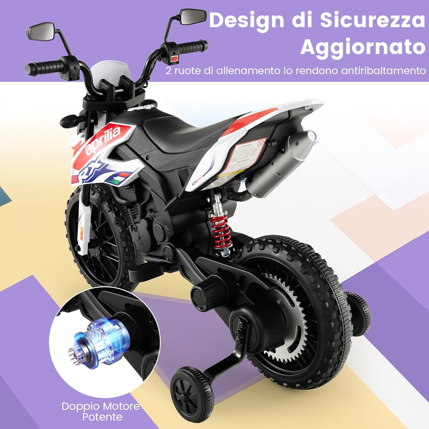 12V Aprilia Moto Cavalcabile per Bambini, Motocicletta Elettrica con Ruote Ausiliarie e Musica Wireless, Sospensione a Molla, Moto Elettrica alla Moda per Bambini 3-8 Anni (Bianco)