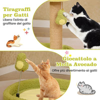Tiragraffi per Gatto Alto 40 cm con Lettino Stile Avocado, Albero Tiragraffi Gatti con Palo a Corda in Juta, Piattaforma e 2 Pompon, Cuccia Albero Gatto Rivestito in Peluche, Verde