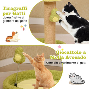 Tiragraffi per Gatto Alto 40 cm con Lettino Stile Avocado, Albero Tiragraffi Gatti con Palo a Corda in Juta, Piattaforma e 2 Pompon, Cuccia Albero Gatto Rivestito in Peluche, Verde