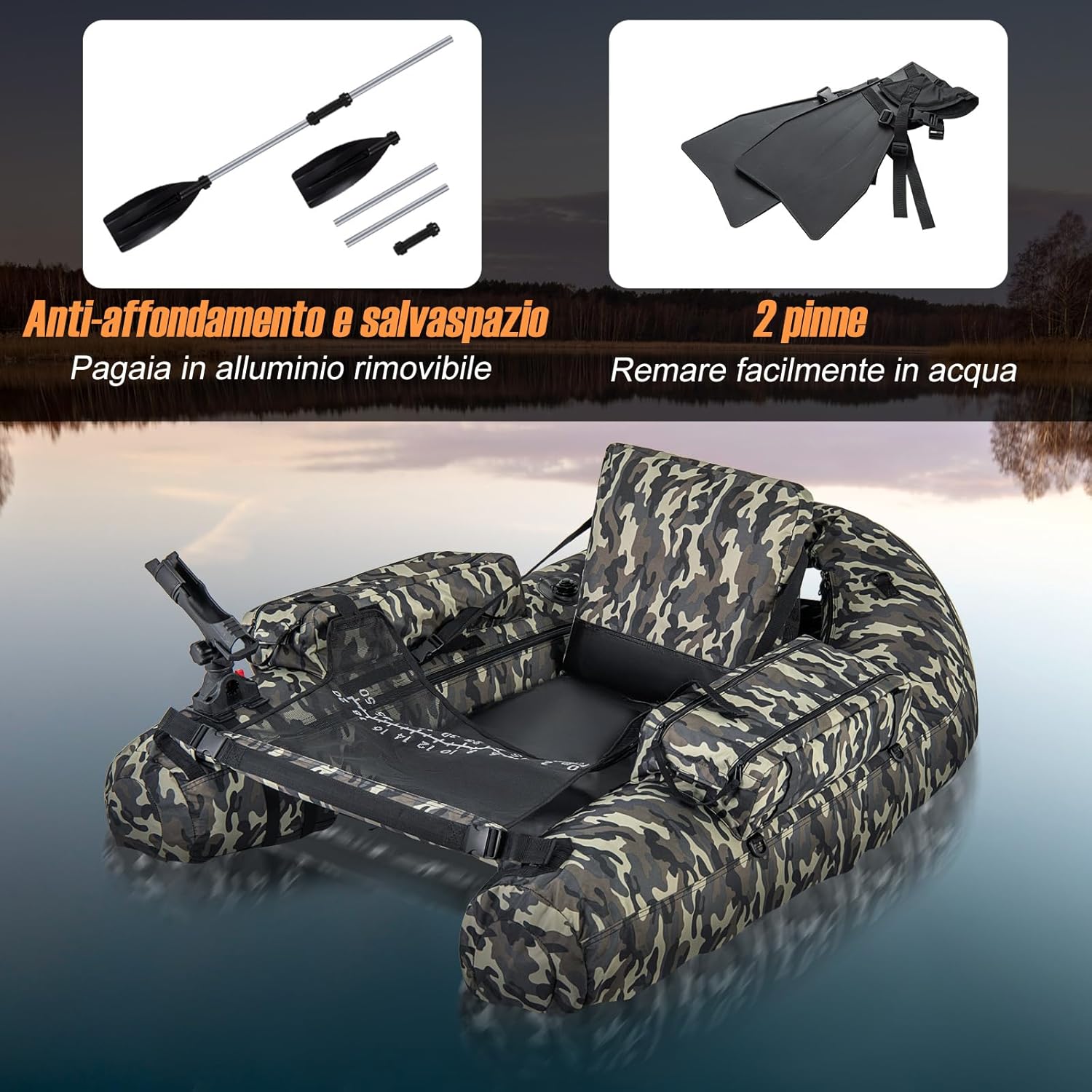 Gommone Gonfiabile da Pesca, Barca da Pesca Portatile con 2 Pinne, Pagaia in Alluminio, Pompa, Spallacci Regolabili e Kit di Riparazione, Schienale Regolabile, capacità di Carico 150kg