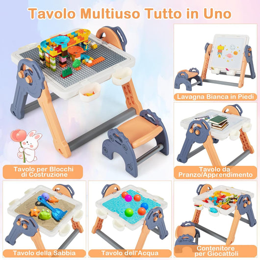 Set Tavolo e Sedia per Bambini con Cavalletto, Tavolo Pieghevole per Bambini con Piano Reversibile per Costruzioni, 4 Cestini Rimovibili, per Giocare con Sabbia e Acqua