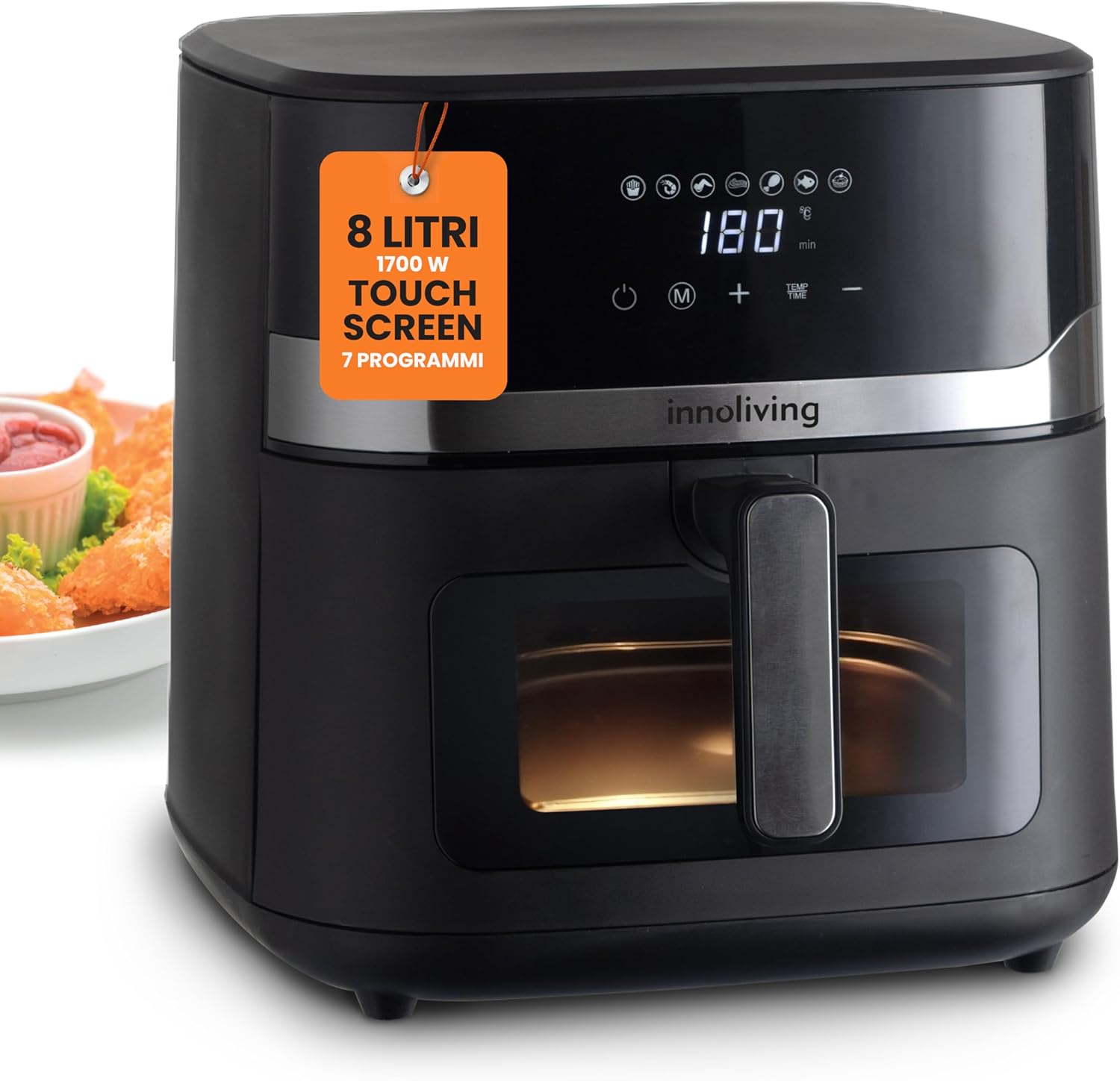 Innoliving Friggitrice ad Aria 8 Litri INN-891 con Pannello Digitale Touch, 7 Programmi Preimpostati, Finestra di Controllo e Luce Interna