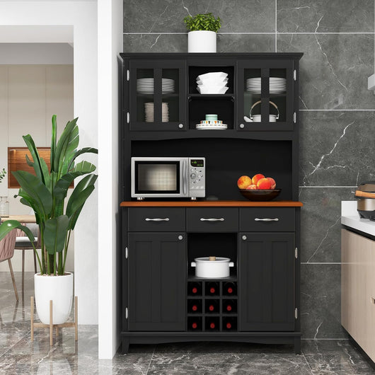 Credenza da Cucina, Armadietto Dispensa da Cucina Alto con Ante in Vetro Temperato, Portabottiglie, Ripiani Regolabili, Mobile Moderno per Cucina con 3 Cassetti e Ripiani Aperti (Nero)