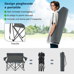 Sedia da Campeggio Doppia, Poltrona Pieghevole per 2 Persone con Portabicchieri, Borsa per il Trasporto, Sedia da Giardino Portatile per Spiaggia, Picnic, Pesca, Portata 300 kg (Grigio)
