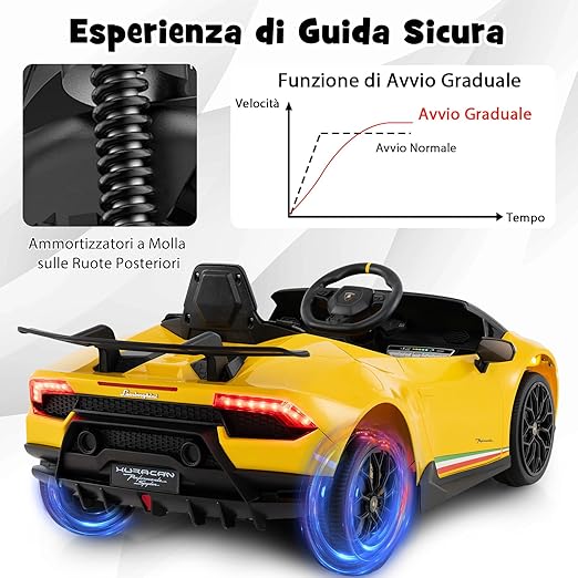 12V Lamborghini Auto Elettrica per Bambini, Macchina Elettrica Cavalcabile con Telecomando, Luci LED Musica e Funzione di Avvio Lento, 3-5 Km/h, per Bambini 3 Anni+ (Giallo)