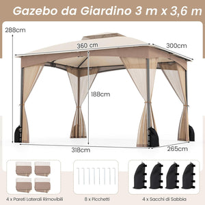 Gazebo da Giardino 3 x 3,6 m, Gazebo con Zanzariera a Doppia Copertura con Sacchetti di Sabbia e Picchetti a Terra, Tenda Impermeabile con Struttura in Metallo per Prato (Kaki)