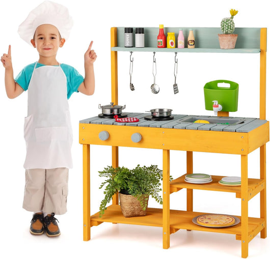 Cucina Giocattolo per Giardino in Legno di Abete, Cucina per Bambini con Serbatoio dell'Acqua e Lavello Rimovibili, 3 Ripiani Aperti, Funzione Suoni, per Bambini 3+ Anni (Arancione e Azzurro)