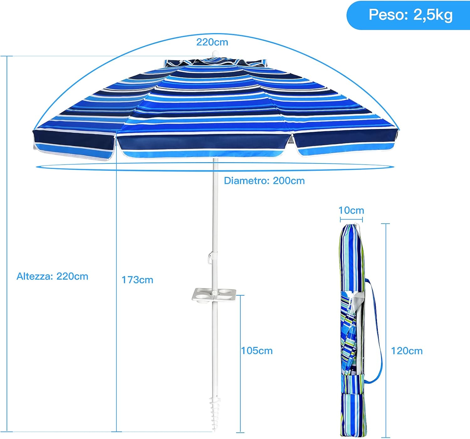 Ombrellone da Spiaggia 200 x 220 cm, Ombrellone da Mare con Inclinazione Regolabile, con Vassoio, 8 Stecche, Protezione UV, Impermeabile, Borsa di Trasporto (Blu Navy)