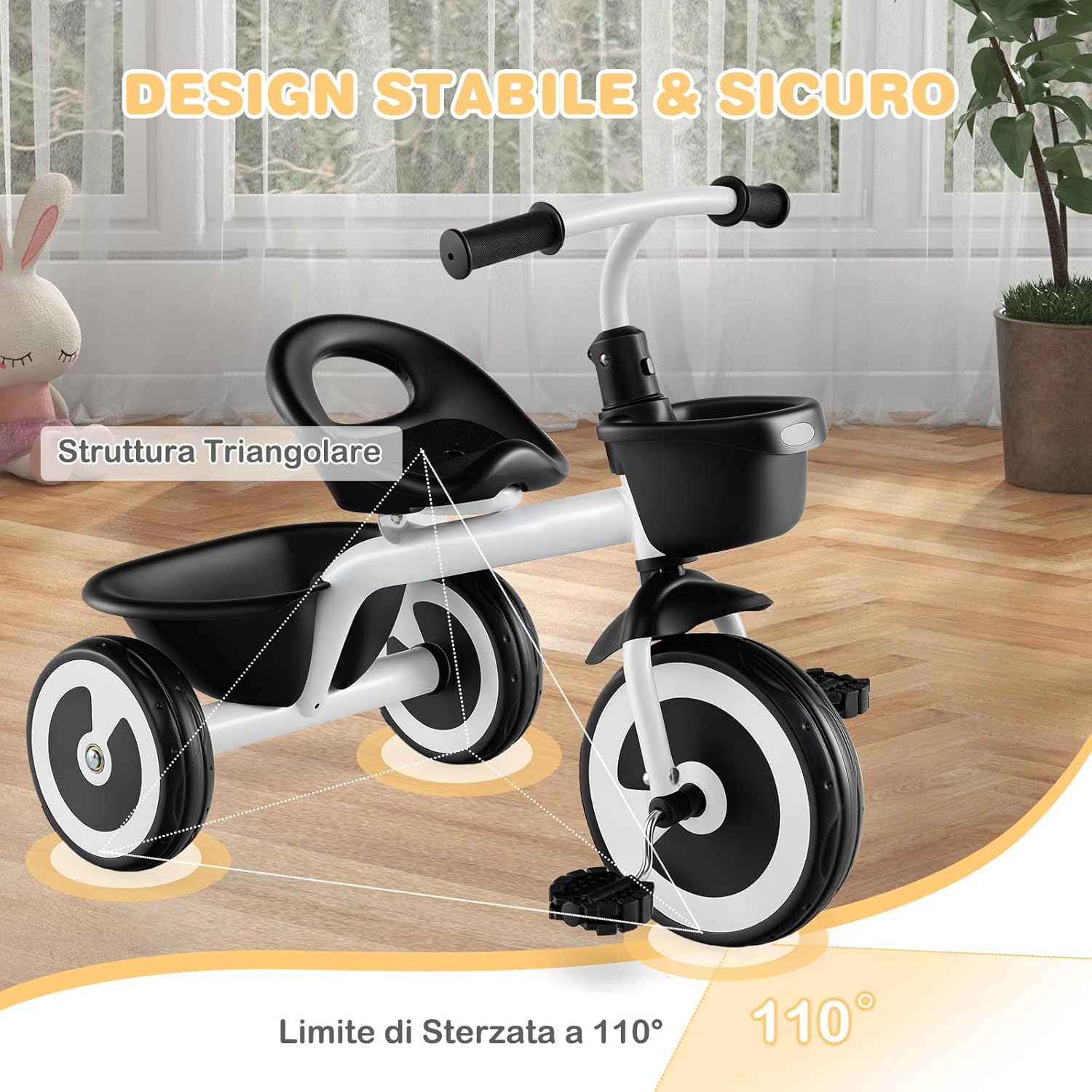 Triciclo per Bambini, Trike con Sede Regolabile Cestini Anteriori e Posteriori, Bicicletta a 3 Ruote con Telaio in Ferro Carbonioso di Alta Resistenza, per Bambini 1,5-5 Anni (Bianco)