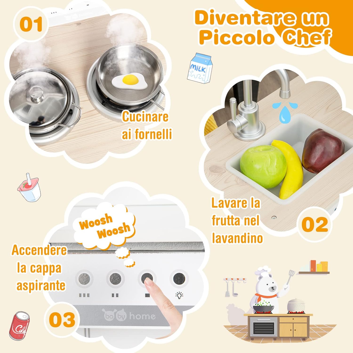 Cucina Giocattolo per Bambini, Cucina per Bambini in Legno con Lavello, Fornelli, Cappa, Frigorifero e Distributore d'Acqua, 3 Anni+