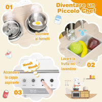 Cucina Giocattolo per Bambini, Cucina per Bambini in Legno con Lavello, Fornelli, Cappa, Frigorifero e Distributore d'Acqua, 3 Anni+