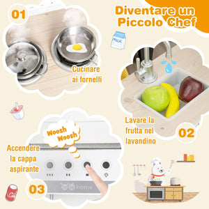 Cucina Giocattolo per Bambini, Cucina per Bambini in Legno con Lavello, Fornelli, Cappa, Frigorifero e Distributore d'Acqua, 3 Anni+