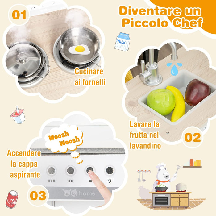Cucina Giocattolo per Bambini, Cucina per Bambini in Legno con Lavello, Fornelli, Cappa, Frigorifero e Distributore d'Acqua, 3 Anni+