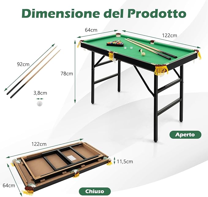Tavolo da Biliardo Pieghevole, Mini Tavolo da Gioco Biliardo con Set di Accessori Stecche Palline Gessetti e Spazzola, Piedi Regolabili, per Sala Giochi bar Palestra, 122x64x78 cm