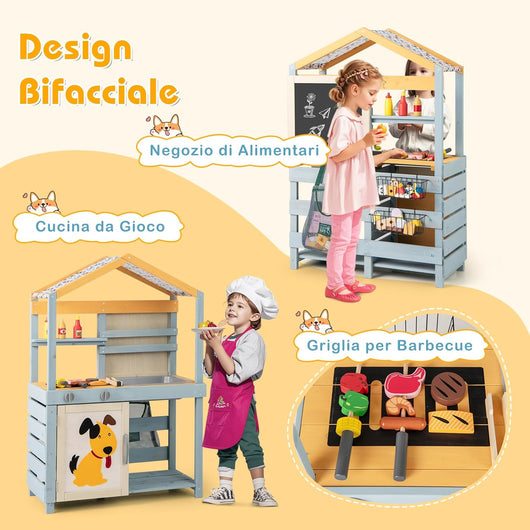 Cucina Giocattolo per Giardino con Negozio e Barbecue 3 in 1, Cucina per Bambini in Legno di Pino con Griglia, Lavagna, Cesti e Forno, Set Cucina con 12 Accessori, 75 x 34 x 111 cm