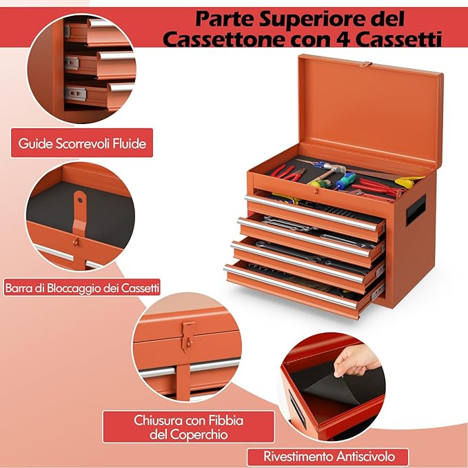 Cassettiera Portautensili a 4 Cassetti, Carrello per Attrezzi con Ruote Bloccabili Ripiano Regolabile e Rivestimento Antiscivolo, 59 x 28 x 102 cm (Arancia)
