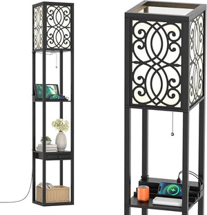 Lampada a Stelo con Ripiani e Cassetto, Lampada a Piantana Moderna con 2 Porte USB, Lampada da Terra per Salone e Camera da Letto, 26 x 26 x 160,5 cm (Modello 2)